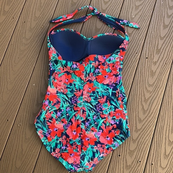 NWOT Catalina, floral, navy red pink green, one piece halter swimsuit, 8/10 - Picture 3 of 7